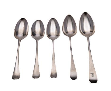 A George II silver table spoon, poorly struck marks probably London 1738, Hanoverian pattern shell back, engraved W.E over M.