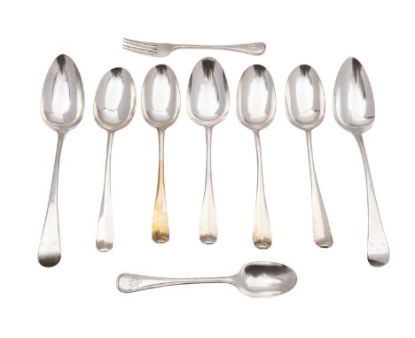 A pair of George II silver table spoons, William Sumner I, London 1803, Old English pattern, engraved L over RM, together wit