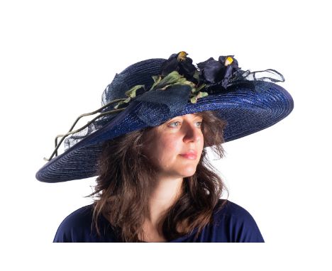 A Sandra Phillips 'Monet' blue straw hat with original labels, together with a  Nigel Reyment Genevieve Louis black straw hat