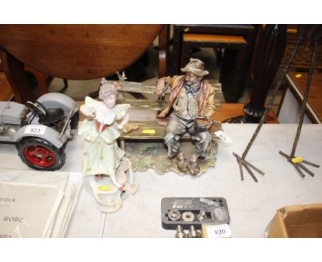 A Capo Di Monte style figure study of an itinerant sat on a bench; and a bisque ware figure of a young girl 