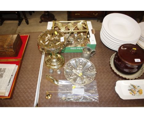 A brass hearth stand; a plated fruit basket; various other items of platedware; a silver napkin ring and teaspoon etc.