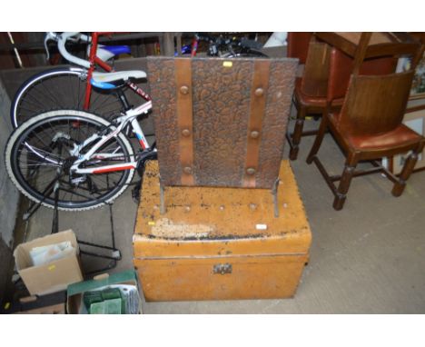 A&nbsp;Japaned metal trunk and a embossed copper fire screen