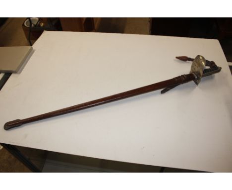 A George V sword, 1897 patent by Hawlksworth Sheffield and leather scabbard