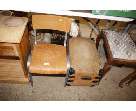 A child's retro chair; and metal bound trunk