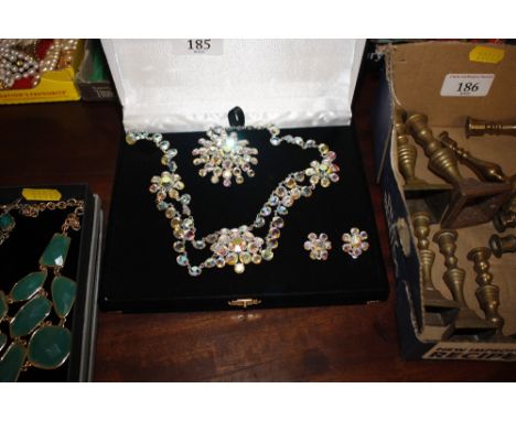 A vintage crystal ear-ring, necklace and brooch set