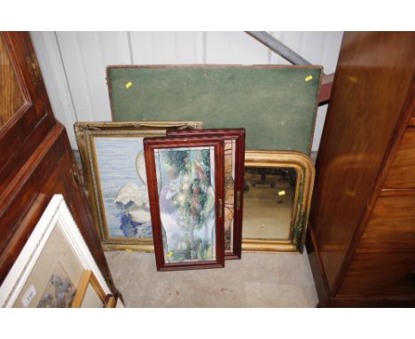 A gilt framed overmantel mirror; an embroidery depicting a swan; two decorative plaques "Dawns Early Light" and "Lamp Light L