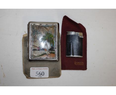 An Art Deco cigarette case with butterfly wing decorated panel and a Robson's cigarette lighter 