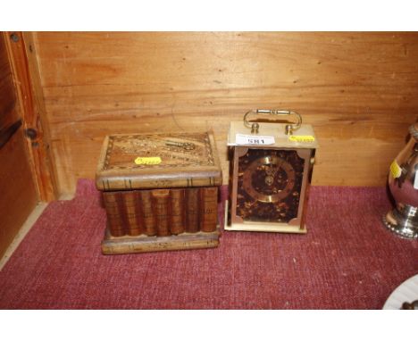 A Quartz carriage clock and a olive wood puzzle jewellery box and key