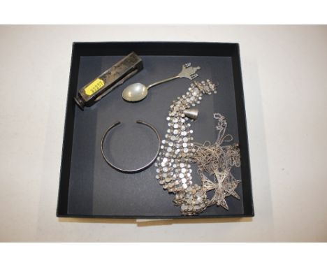 A white metal scent bottle holder; filigree pendant and chain, bangle etc.