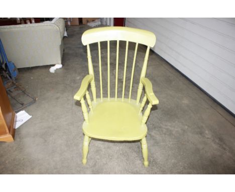 A green painted stick back grandfather chair 