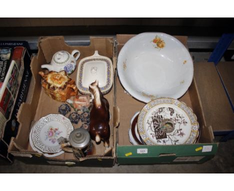 Two boxes of various decorative china to include Victorian plates, beer stein, Portmeirion teapot, Wade candle holders etc