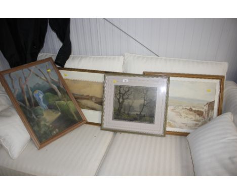 Three various scenic watercolours and a print