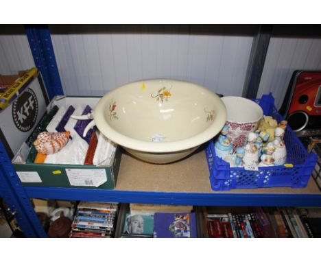 Various miscellaneous china items; storage jars; floral ornaments; a wash basin; decorative plaques etc