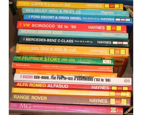 A collection of Haynes manuals to include VW Scirocco, Ford Capri II, BMW 320. 320i, 323i, Range Rover, together with others 
