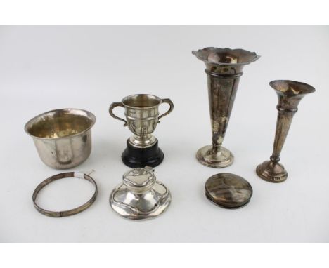 Hallmarked silver bowl, bangle, lid &amp; trophy, weighable silver 155g, together with 3 loaded items - inkwell and 2 vases, 