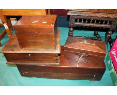 A collection of antique wooden boxes to include a writing box, tea caddy and other similar examples. (4)
