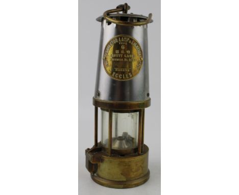 A brass and steel miners safety lamp, Eccles Type 6 M&amp;Q, Approval number B/28. Height 25cm.