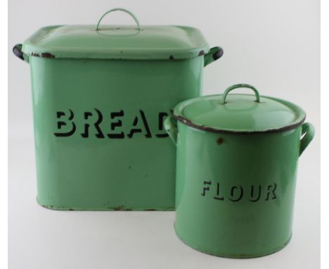 An early c20th Green enamel bread bin together with a green enamel flour bin c1930  both are in excellent condition