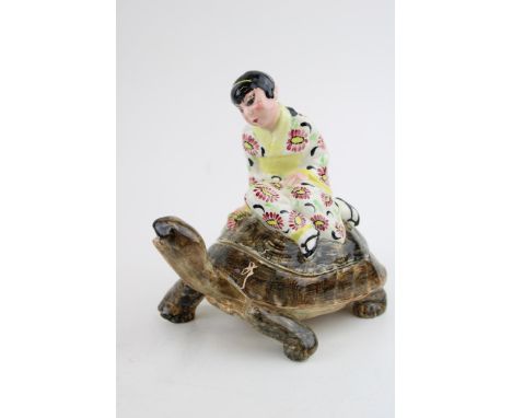 Goldscheider trinket box in the form of a Japanese Geisha Girl sitting on a turtle, printed marks 'Goldscheider Staffordshire