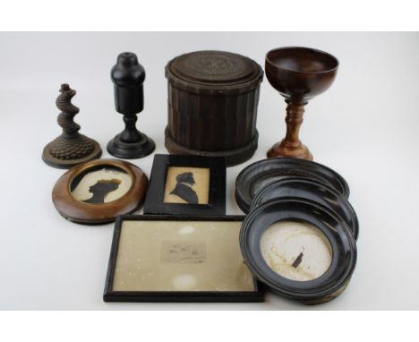 A collection of hand turned wood items to include goblet, lidded jar and similar items together with a collection of 19th cen