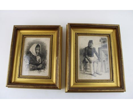A French dry point etching of an old soldier by L.L. Hermitte with another of an old woman by A. Piccinni, Roma 1874  they ar