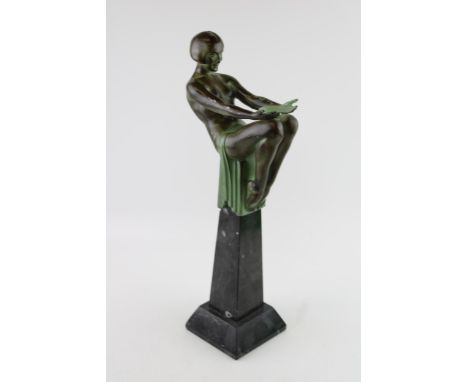 M Le Verrier Art Deco style lamp base, shade missing, and in damaged condition.  Green patinated metal female figure supporte