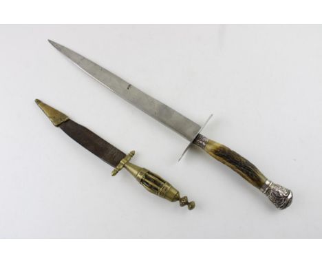 A bone handle side arm or dagger with silver mounts and 12 inch blade together with another possibly Spanish dagger or huntin