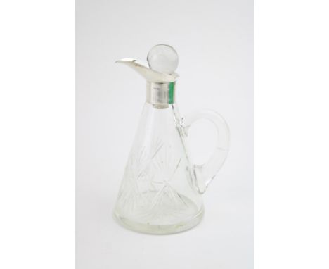 Silver and glass noggin, London 1919, glass stopper, marks rubbed, 12.5cm tall.  In good condition. Glass cracked to neck ins