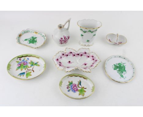 A collection of Herend porcelain to include ribbed ewer with shaped handle, a small basket, a leaf shaped pin dish and others