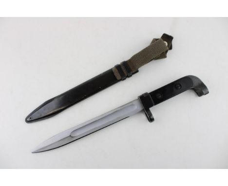 East German Kalashnikov AK47 Bayonet with scabbard, canvas belt loop and black plastic grips  Excellent condition, clean blad