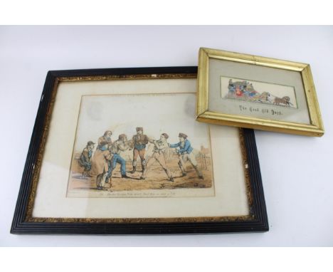 Cash Woven picture of 'The Good Old Days', by Stevens, with a period coloured etching 'A Turn Up With The Lads of the Village