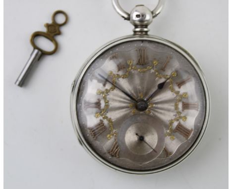 A Victorian silver open face pocket watch , Applied gilt Roman numerals with engine turned decoration and subsidiary second h