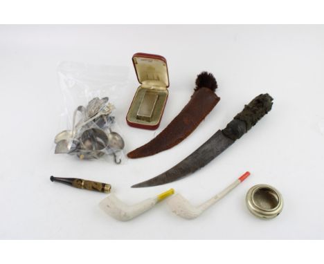 A group of commemorative place spoons, mostly plated, together with two clay pipes, a Dunhill pocket lighter, a late Art Deco