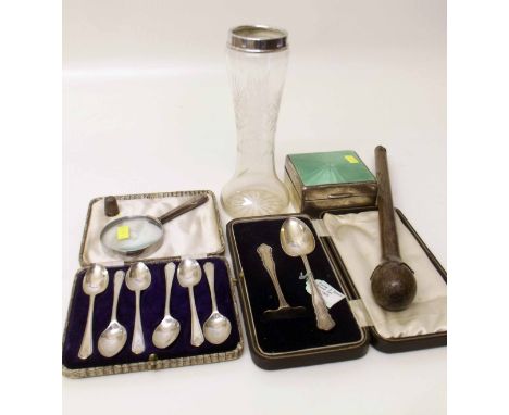 Cased silver Christening set, set of teaspoons, a thimble, magnifying glass, vase, box and a walking stick top. Condition rep