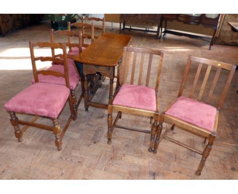 18th century style oak gate-leg dining table and six ladder back chairs (4+2). Condition report: see terms and conditions