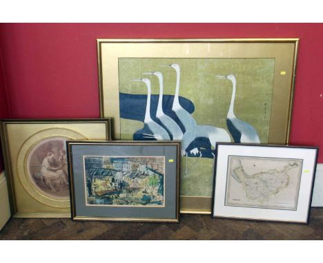 Assortment of a framed map of Cheshire; Oriental print and another, together with an original English School, 20th century in