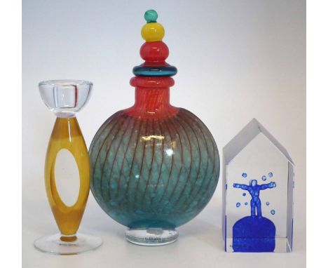 Kosta Boda bottle vase and stopper, a candlestick and a paperweight. 25cm high     From the shop clearance of Stoniers Liverp