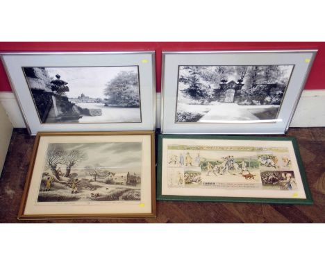 Three framed sporting prints, Widdicombe fair print and two monochrome photos of Castle Howard. Condition report: see terms a