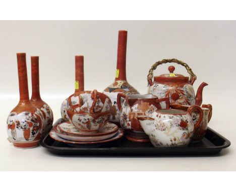 Eleven pieces of Japanese Kutani ware to inlcude four onion vases, lidded teapot, twin spout jug, two other jugs, side plate 