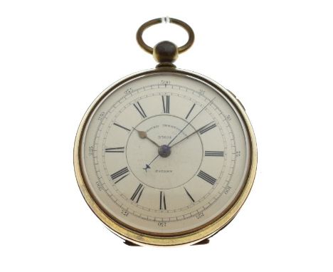 Late 19th Century key wind brass cased 'Approved Chronograph' no.33014 having white Roman dial, centre seconds, cased   Condi