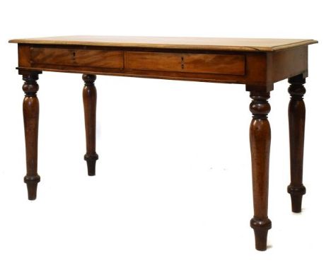 Victorian mahogany side table with moulded rectangular top over two drawers on turned tapering supports, 122cm wide   Conditi