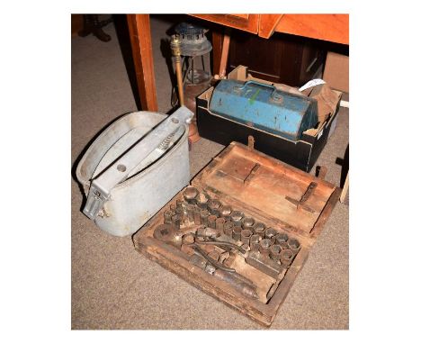 Assorted tools to include; aluminium ham press stamped F532-62, vintage socket set, hanging lantern, column lamp, bullnose pl
