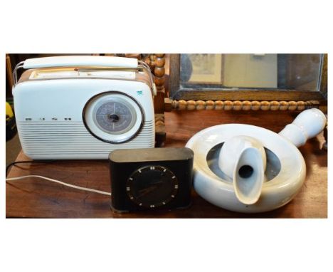 Bush vintage radio, Westclox 'Ben Franklin' model SI/C alarm clock, pottery bedpan and wash hand jug (4)   Condition: 