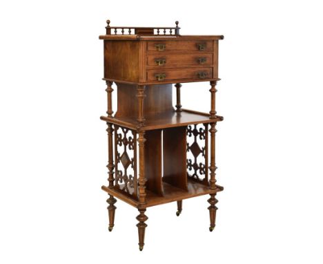 Late 19th Century French walnut étagère, the rectangular top with balustrade over three panelled drawers between fluted pilas