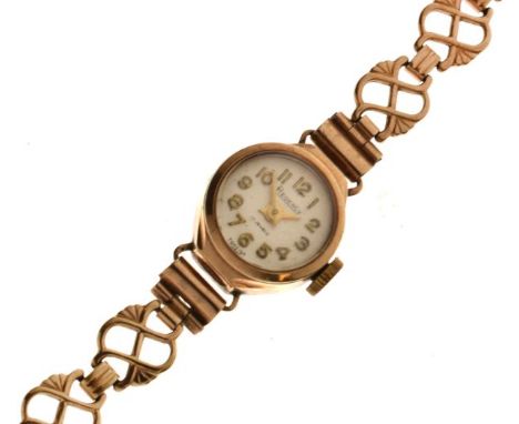 Lady's 9ct gold wristwatch, the Arabic dial marked 'Regency', manual wind movement marked 17 jewels to a 9ct gold knot work b