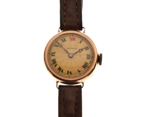 9ct gold cased 'Mappin' lady's wristwatch having engine turned Roman dial and a brown leather strap   Condition: 