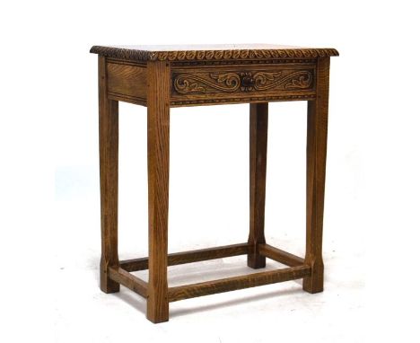 Somewhat similar rectangular topped side table fitted one drawer to the frieze and standing on square supports united by stre