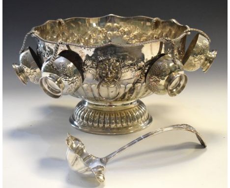 20th Century silver-plated on copper punch bowl with wavy gadrooned rim, ladle and six punch cups, 32.5cm diameter x 20cm hig