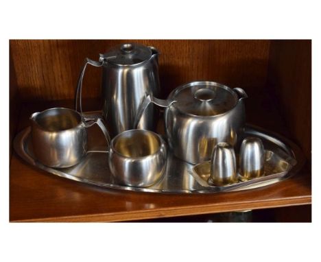 Old Hall stainless steel four piece tea service with oval tray, together with a similar salt and pepper on stand   Condition: