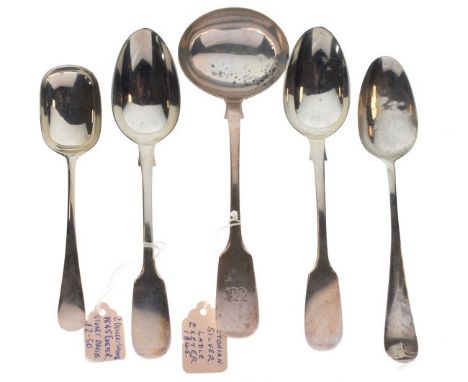 Victorian Exeter silver sauce ladle, 1845, together with four various silver spoons, combined weight 6.2toz approx   Conditio